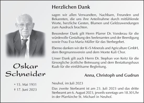 Traueranzeige von Oskar Schneider von FZ