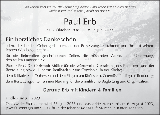 Traueranzeige von Paul Erb von FZ