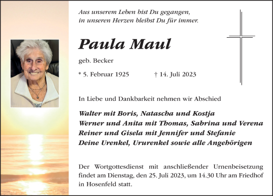 Traueranzeige von Paula Maul von FZ
