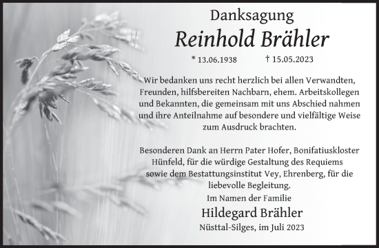 Traueranzeige von Reinhold Brähler von FZ