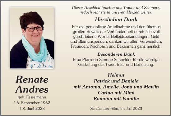 Traueranzeige von Renate Andres von FZ