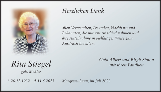 Traueranzeige von Rita Stiegel von FZ