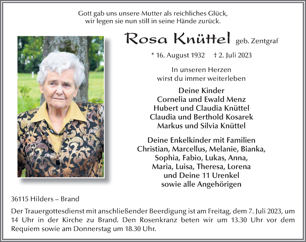  Traueranzeige für Rosa Knüttel vom 05.07.2023 aus FZ