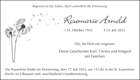 Traueranzeige von Rosemarie Arnold von FZ