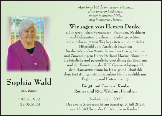 Traueranzeige von Sophia Wald von FZ