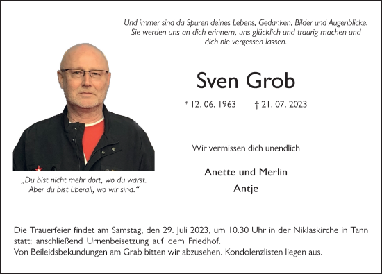 Traueranzeige von Sven Grob von FZ