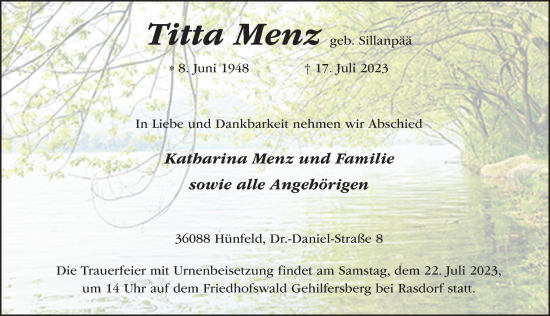 Traueranzeige von Titta Menz von FZ
