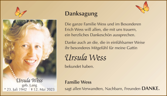 Traueranzeige von Ursula Wess von FZ