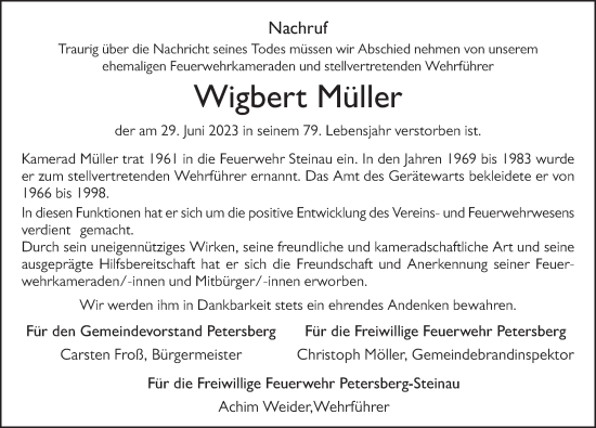 Traueranzeige von Wigbert Müller von FZ