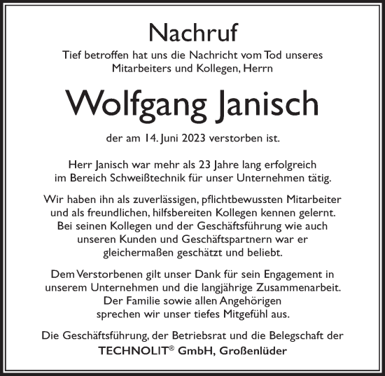 Traueranzeige von Wolfgang Janisch von FZ