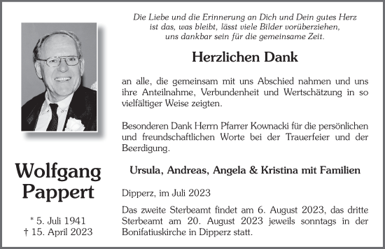 Traueranzeige von Wolfgang Pappert von FZ
