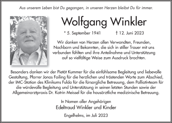 Traueranzeige von Wolfgang Winkler von FZ