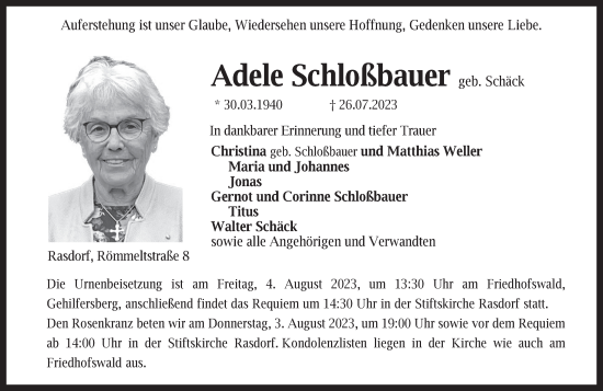 Traueranzeige von Adele Schloßbauer von FZ
