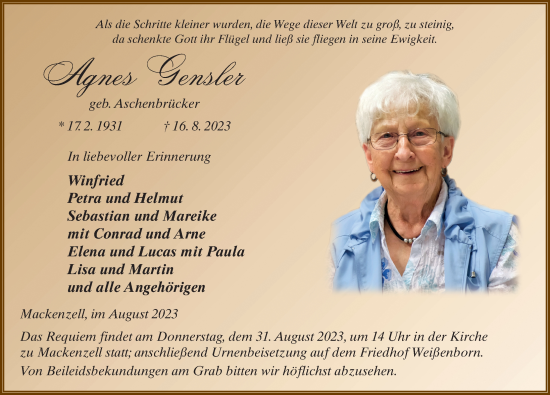 Traueranzeige von Agnes Gensler von FZ