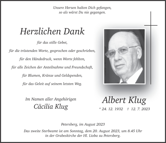 Traueranzeige von Albert Klug von FZ