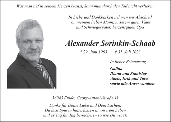 Traueranzeige von Alexander Sorinkin-Schaab von FZ