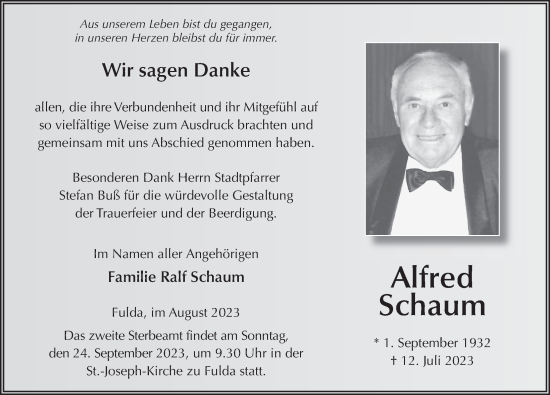 Traueranzeige von Alfred Schaum von FZ