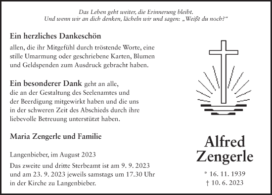 Traueranzeige von Alfred Zengerle von FZ