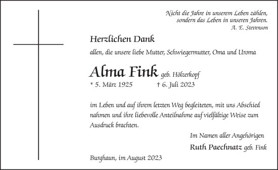 Traueranzeige von Alma Fink von FZ