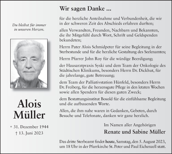 Traueranzeige von Alois Müller von FZ