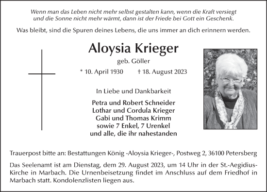 Traueranzeige von Aloysia Krieger von FZ