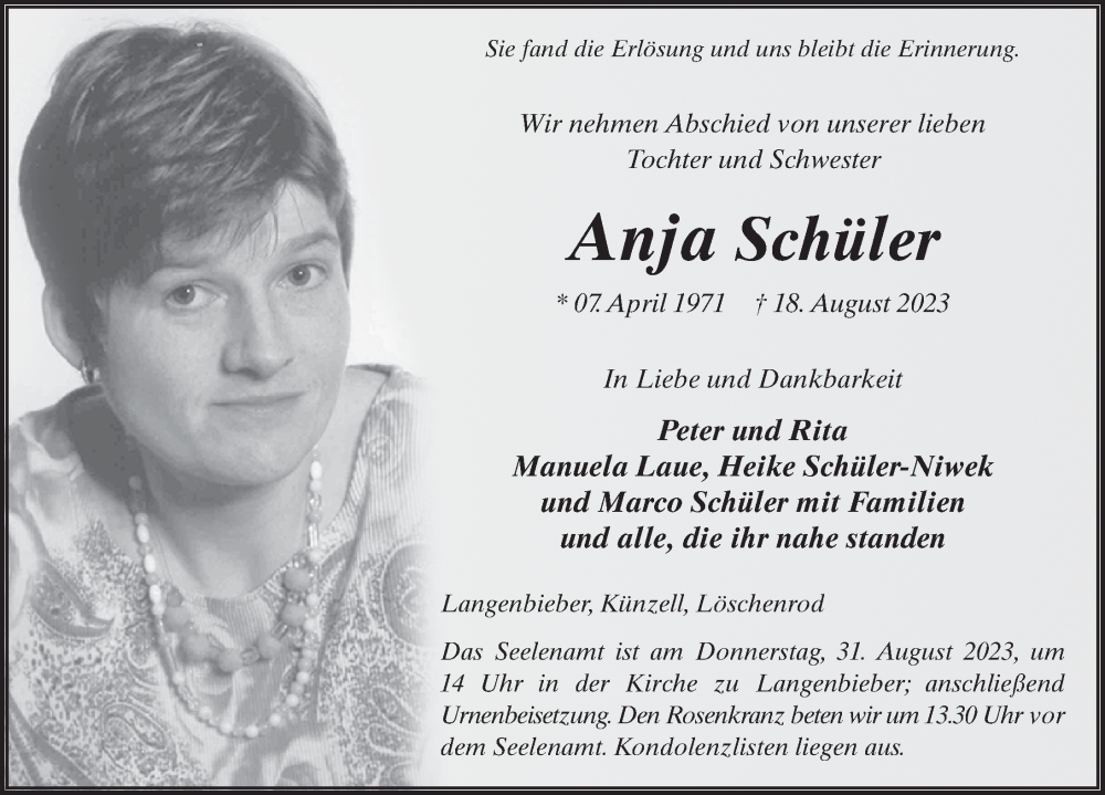  Traueranzeige für Anja Schüler vom 28.08.2023 aus FZ