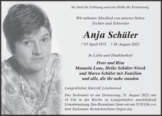 Traueranzeige von Anja Schüler von FZ