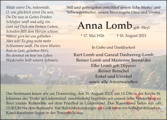 Traueranzeige von Anna Lomb von FZ