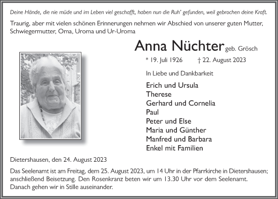 Traueranzeige von Anna Nüchter von FZ