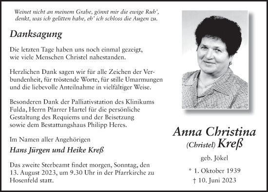 Traueranzeige von Anna Christina Kreß von FZ