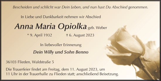 Traueranzeige von Anna Maria Opiolka von FZ