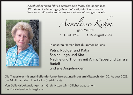 Traueranzeige von Anneliese Kehm von FZ