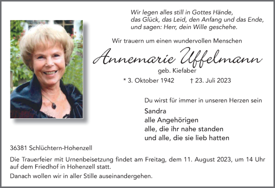 Traueranzeige von Annemarie Uffelmann von FZ