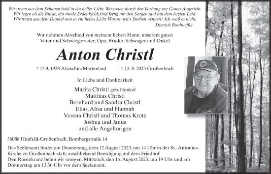 Traueranzeige von Anton Christl von FZ