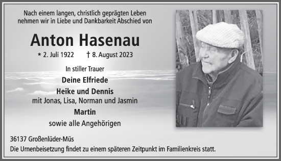 Traueranzeige von Anton Hasenau von FZ