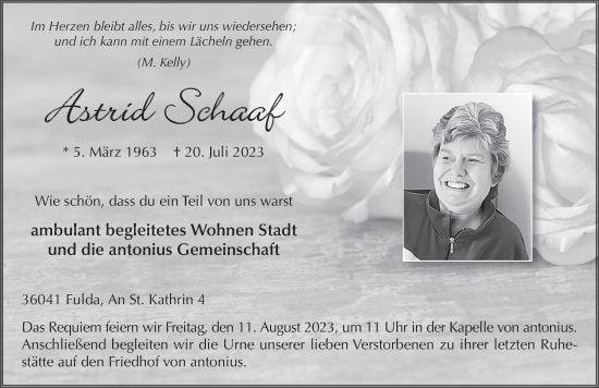 Traueranzeige von Astrid Schaaf von FZ