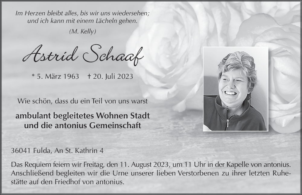  Traueranzeige für Astrid Schaaf vom 05.08.2023 aus FZ