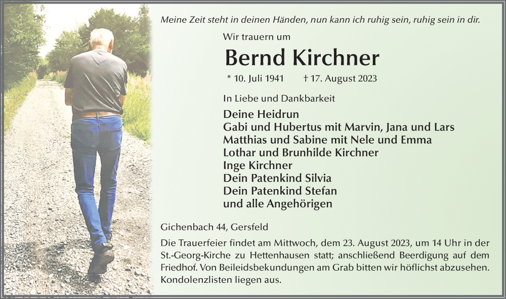  Traueranzeige für Bernd Kirchner vom 21.08.2023 aus FZ
