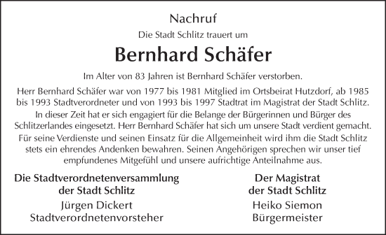 Traueranzeige von Bernhard Schäfer von FZ