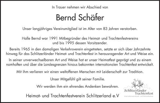 Traueranzeige von Bernhard Schäfer von FZ