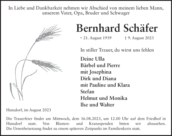 Traueranzeige von Bernhard Schäfer von FZ