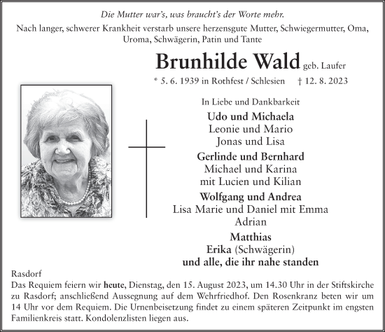 Traueranzeige von Brunhilde Wald von FZ