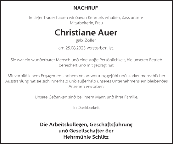 Traueranzeige von Christiane Auer von FZ