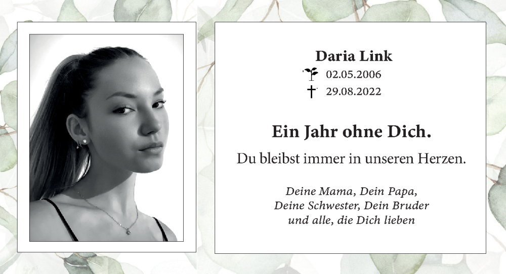  Traueranzeige für Daria Link vom 29.08.2023 aus FZ