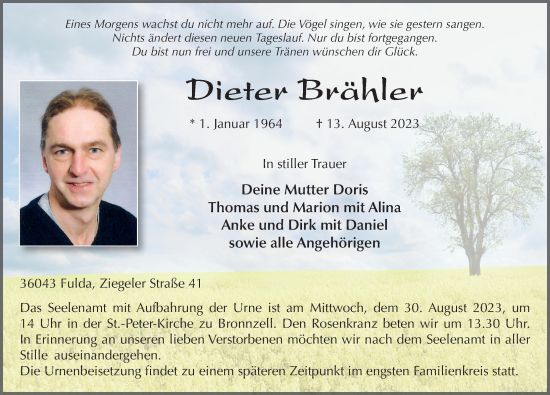 Traueranzeige von Dieter Brähler von FZ