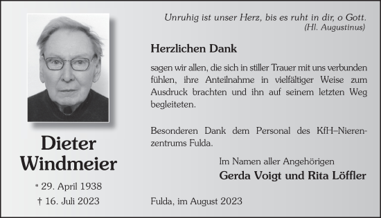Traueranzeige von Dieter Windmeier von FZ