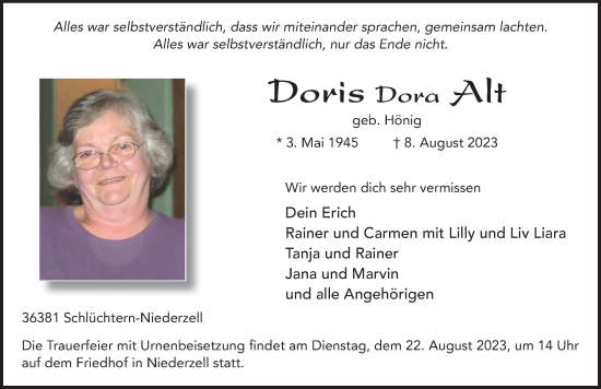 Traueranzeige von Doris Alt von FZ
