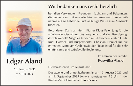 Traueranzeige von Edgar Aland von FZ