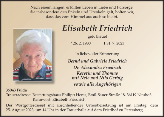 Traueranzeige von Elisabeth Friedrich von FZ