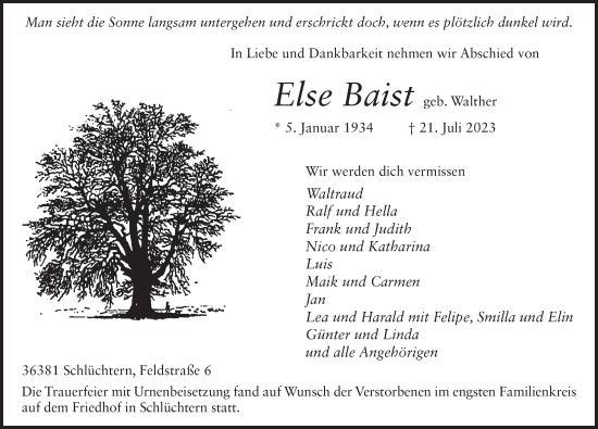 Traueranzeige von Else Baist von FZ